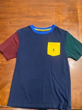 Polo by Ralph Lauren Navy Colorblock Pocket Tee with Maroon and Green Sleeves